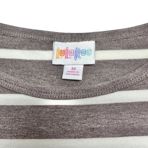 LuLaRoe Retired Julia Dress M Heathered Brown and White Striped SS Form Fit NWT - Picture 3 of 8